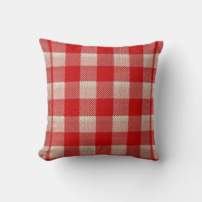Red Gingham Checkered Pattern Burlap Look Kissen (Vorderseite)
