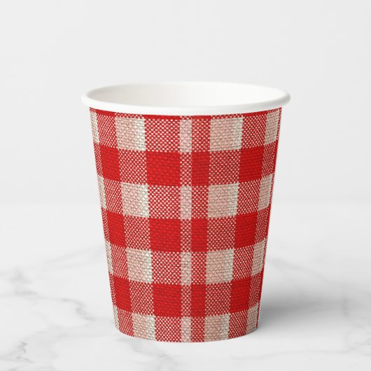 Red Gingham Checkered Pattern Burlap Look Pappbecher (Rückseite)