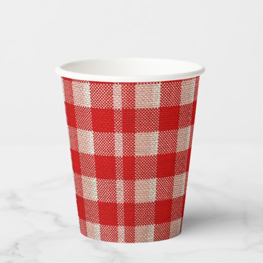 Red Gingham Checkered Pattern Burlap Look Pappbecher (Vorderseite)