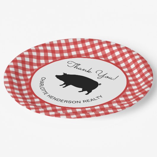 Red Gingham Checkered Pig Roast GRILLEN Party Pappteller (Schrägansicht)