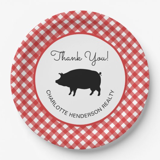 Red Gingham Checkered Pig Roast GRILLEN Party Pappteller (Vorderseite)