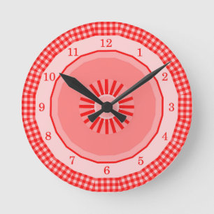 Red Gingham Country Checks Numbered Runde Wanduhr