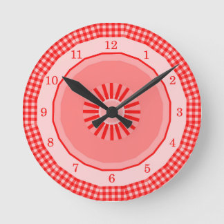 Red Gingham Country Checks Numbered Runde Wanduhr