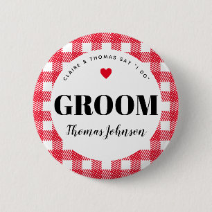 Red Gingham Country Wedding Groom's Name Button