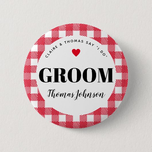 Red Gingham Country Wedding Groom's Name Button (Vorderseite)
