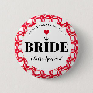 Red Gingham Country Wedding the Bride's Name Button