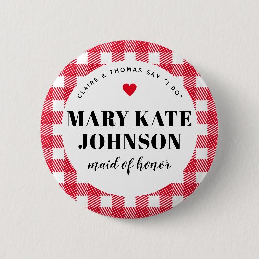 Red Gingham Country Wedding Trauzeugin Name Button (Vorderseite)