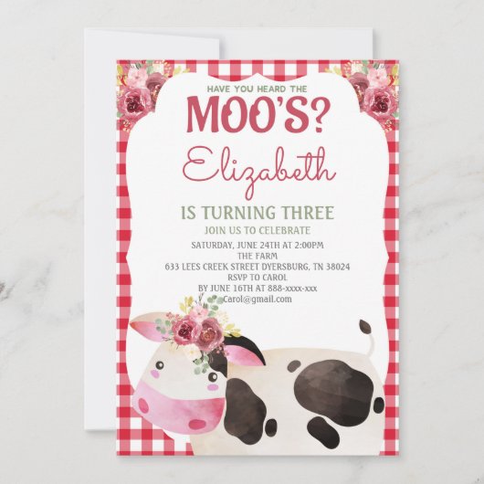 Red Gingham Cow Birthday Farm Animals Barnyard Einladung (Vorderseite)