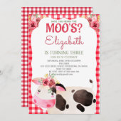 Red Gingham Cow Birthday Farm Animals Barnyard Einladung (Vorne/Hinten)