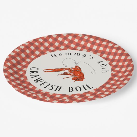 Red Gingham Crawfish Boil Meeresfrüchte Party Pappteller (Schrägansicht)