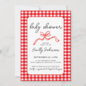 Red Gingham Cute Bow Handwriting Baby Shower Einladung (Vorderseite)