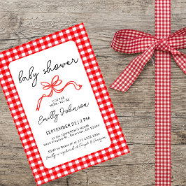 Red Gingham Cute Bow Handwriting Baby Shower Einladung