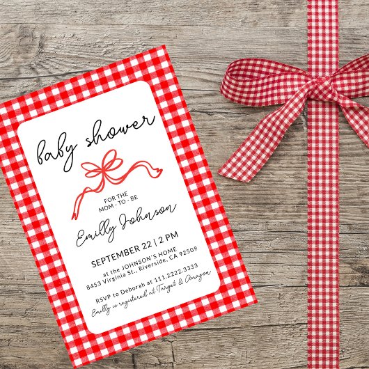 Red Gingham Cute Bow Handwriting Baby Shower Einladung