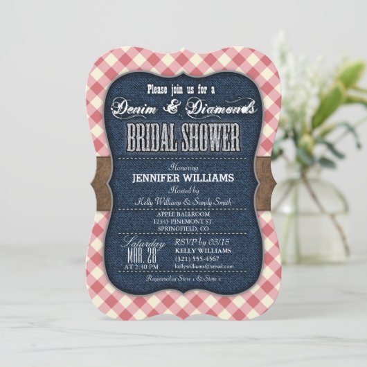 Red Gingham, Denim Bridal Dusche Einladung (Stehend Vorderseite)