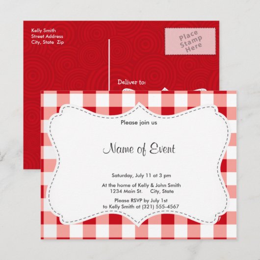 Red Gingham Einladungspostkarte (Vorne/Hinten)
