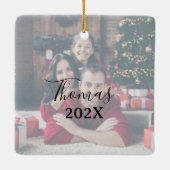 Red Gingham Elegant Zwei-Seiten-2-Foto Weihnachten Keramikornament (Rückseite)