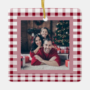 Red Gingham Elegant Zwei-Seiten-2-Foto Weihnachten Keramikornament