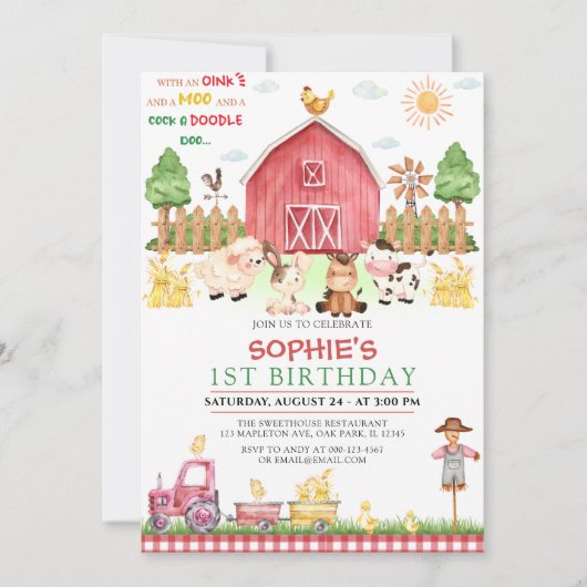 Red Gingham Farm Animals Barnyard Birthday Einladung (Vorderseite)