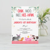 Red Gingham Farm Animals Birthday Barnyard Einladung (Stehend Vorderseite)