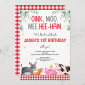 Red Gingham Farm Animals Birthday Barnyard Einladung (Vorne/Hinten)