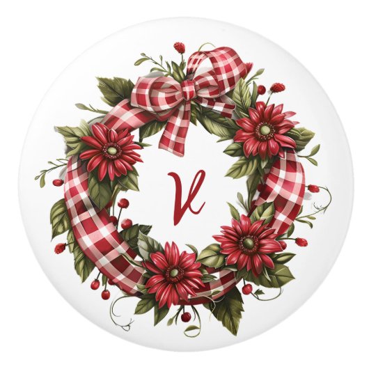 Red Gingham Floral Wreath Initial Keramikknauf (Vorderseite)