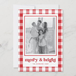 Red Gingham Foto Weihnachtskarte Merry & Bright Einladung