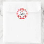 Red Gingham Heart Individuelle Name Monogram Valen Runder Aufkleber (Tasche)