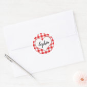 Red Gingham Heart Individuelle Name Monogram Valen Runder Aufkleber (Umschlag)