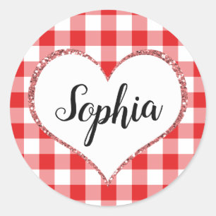 Red Gingham Heart Individuelle Name Monogram Valen Runder Aufkleber