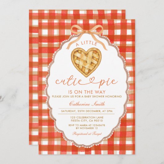 Red Gingham Heart Süsse Pie Baby Dusche Einladung (Vorne/Hinten)