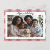 Red Gingham Holiday Foto Feiertagspostkarte (Vorderseite)