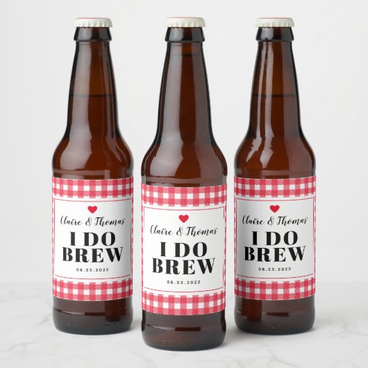 Red Gingham I Do Brew Wedding Party Custom Bierflaschenetikett (Flaschen)