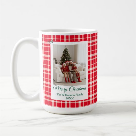 Red Gingham Kariert Frohe Weihnachts-Foto Kaffeetasse (Links)