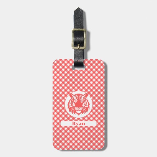 Red Gingham Kariert mit Red Tiger Head und Name Gepäckanhänger (Vorderseite vertikal)