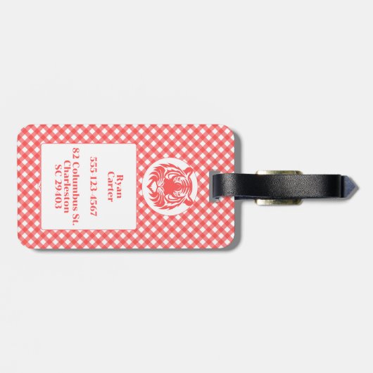 Red Gingham Kariert mit Red Tiger Head und Name Gepäckanhänger (Rückseite horizontal)
