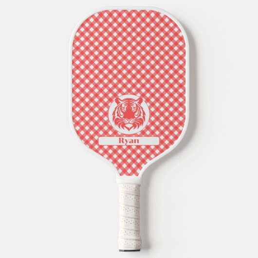 Red Gingham Kariert mit Red Tiger Head und Name Pickleball Schläger (Vorderseite)