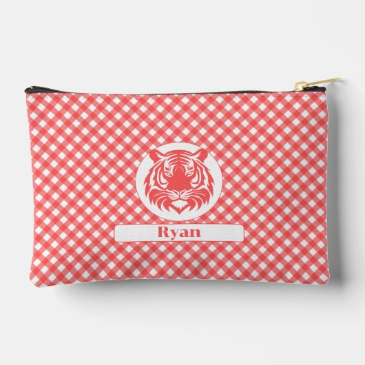 Red Gingham Kariert mit Red Tiger Head und Name Zubehörtasche (Rückseite)
