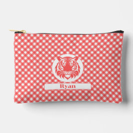 Red Gingham Kariert mit Red Tiger Head und Name Zubehörtasche