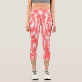 Red Gingham Kariert mit White Elephant und Name Capri Leggings