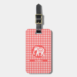 Red Gingham Kariert mit White Elephant und Name Gepäckanhänger