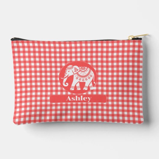 Red Gingham Kariert mit White Elephant und Name Zubehörtasche (Rückseite)