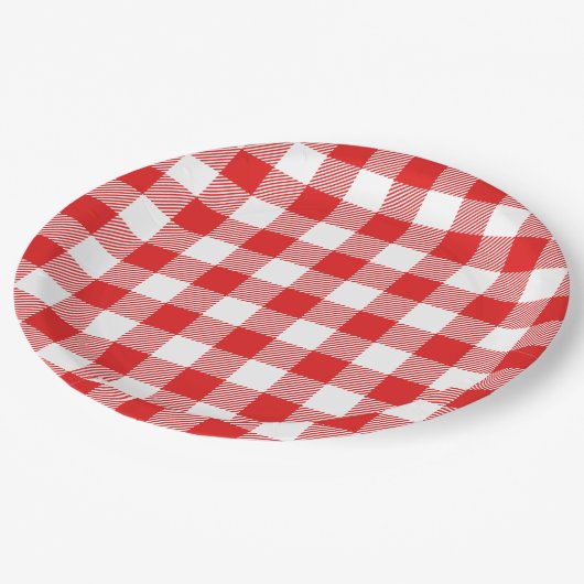 Red Gingham Kariert Pattern Pappteller (Schrägansicht)