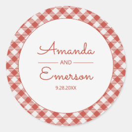 Red Gingham Karo Fun Lässig Custom Wedding Gefalle Runder Aufkleber