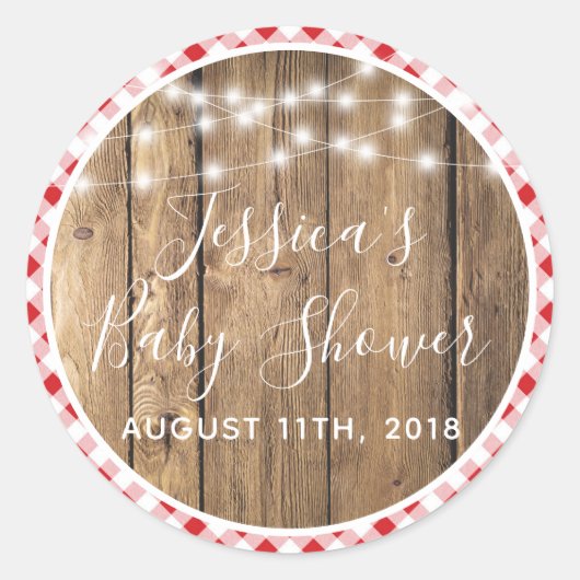 Red Gingham Karo Kariert Rustic Wood Event Showroo Runder Aufkleber (Vorderseite)