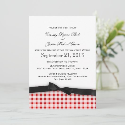 Red Gingham Karo Muster mit Ribbon Einladung (Stehend Vorderseite)