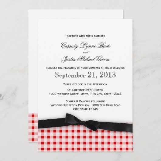 Red Gingham Karo Muster mit Ribbon Einladung (Vorne/Hinten)