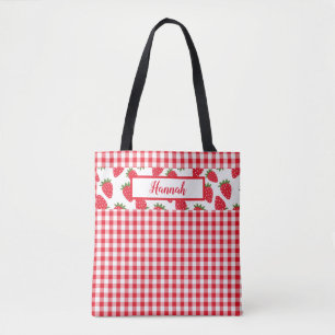 Red Gingham Karo und Strawberries Mit Monogramm Tasche