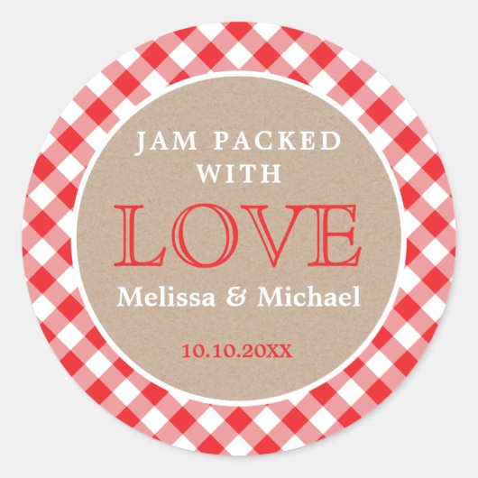 Red Gingham Kraft Marmelade verpackt mit Liebe Hoc Runder Aufkleber (Vorderseite)