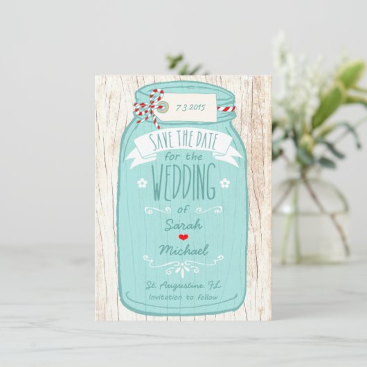Red Gingham & Mint Mason Jar Save the Date (Stehend Vorderseite)