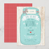 Red Gingham & Mint Mason Jar Save the Date (Vorne/Hinten)